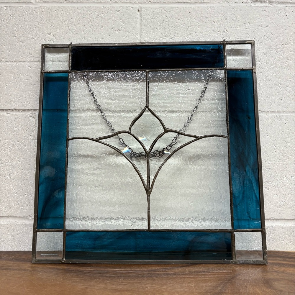 Vintage Blue and White Stained Glass Panel, Suncatcher or Wall Hanging - Picture 2 of 9